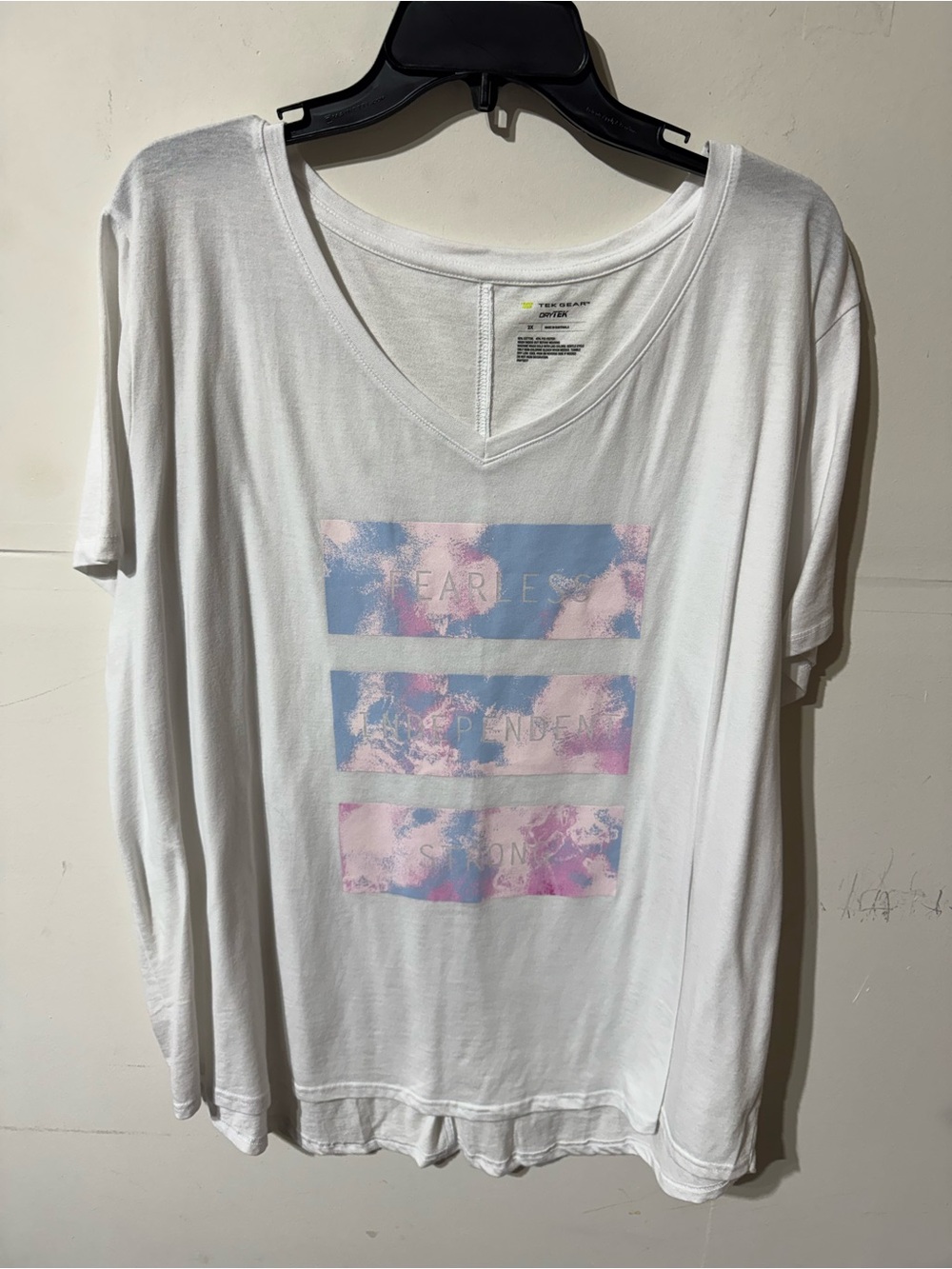 White Graphic V-Neck Tee with Pastel Pink & Blue Print